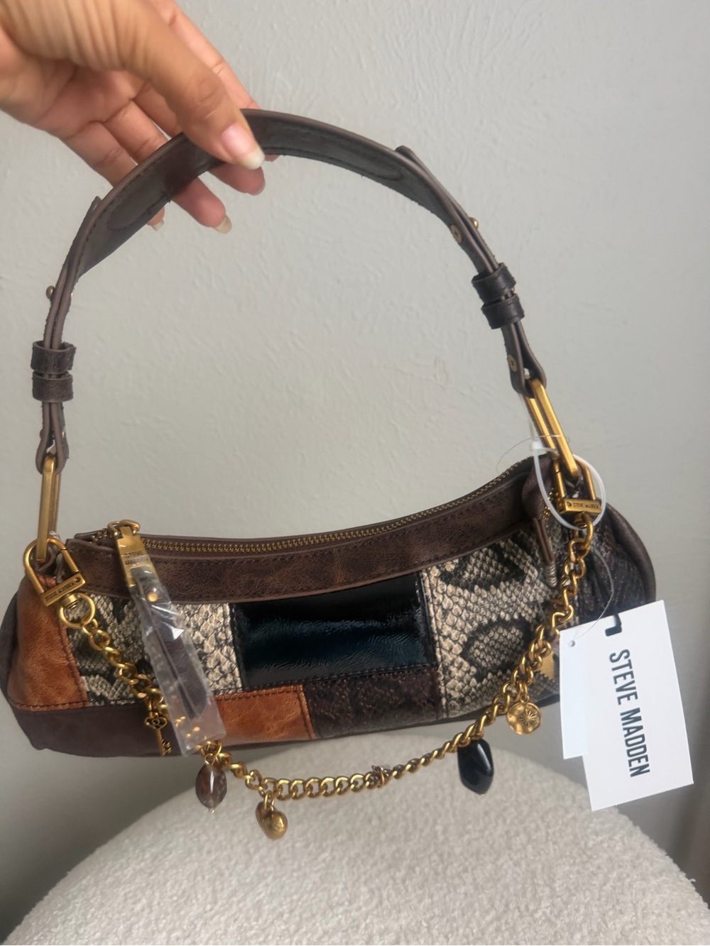 Steve Madden Brown Patchwork Snake-Print Shoulder Bag..